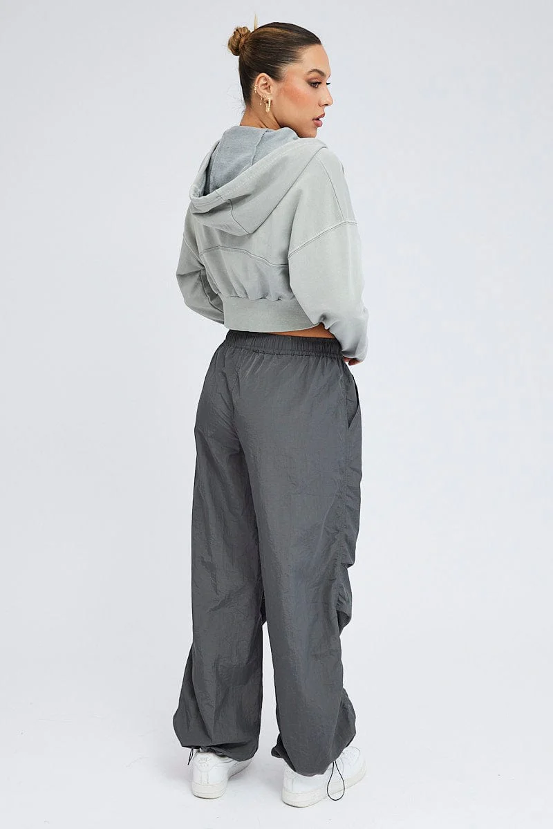 Grey Parachute Cargo Pants Low Rise