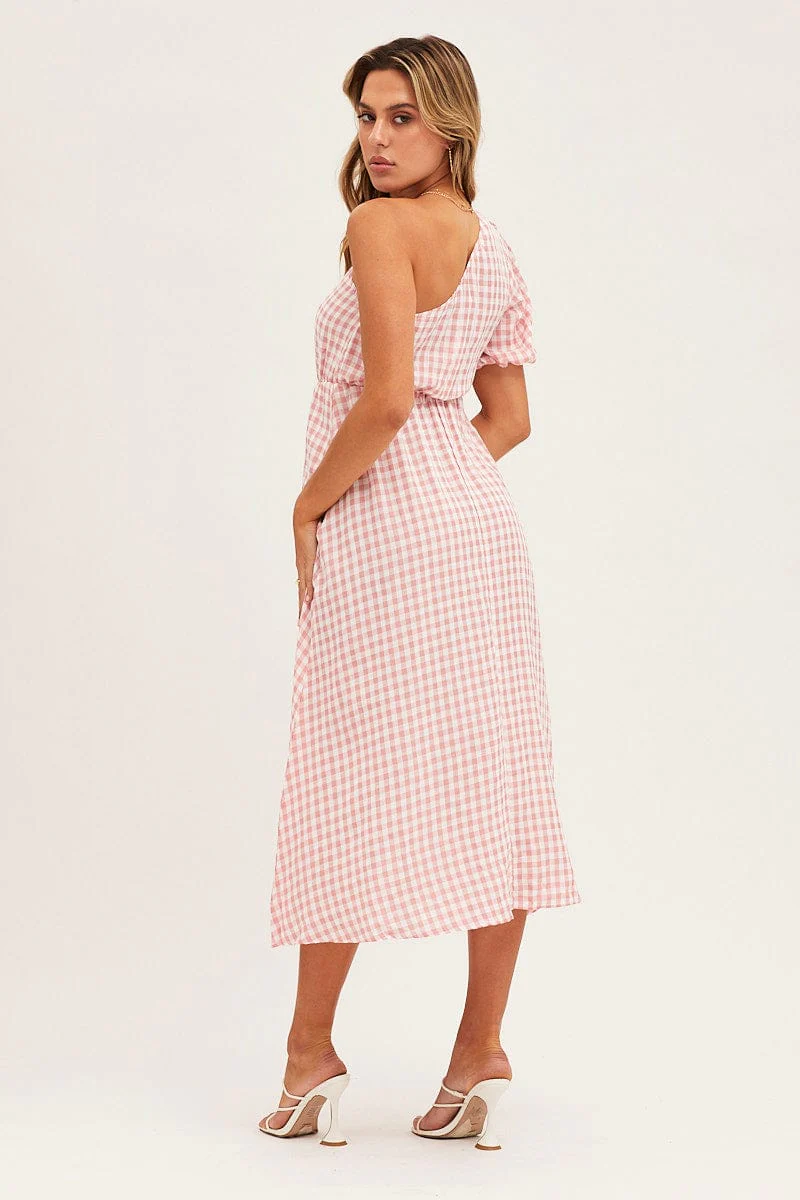 Stripe Check One Shoulder Midi Dress
