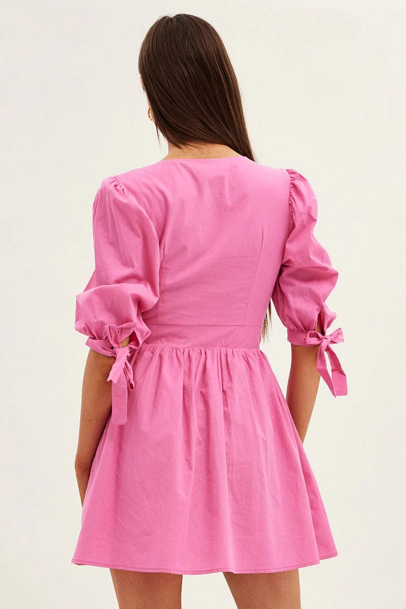 Pink Button Dress Puff Sleeve V Neck Cotton