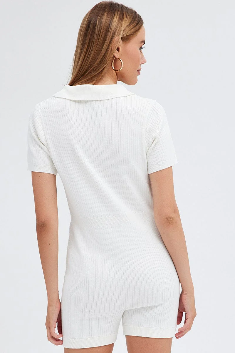 White Knit Romper Short Sleeve Collared Onesie Unitard