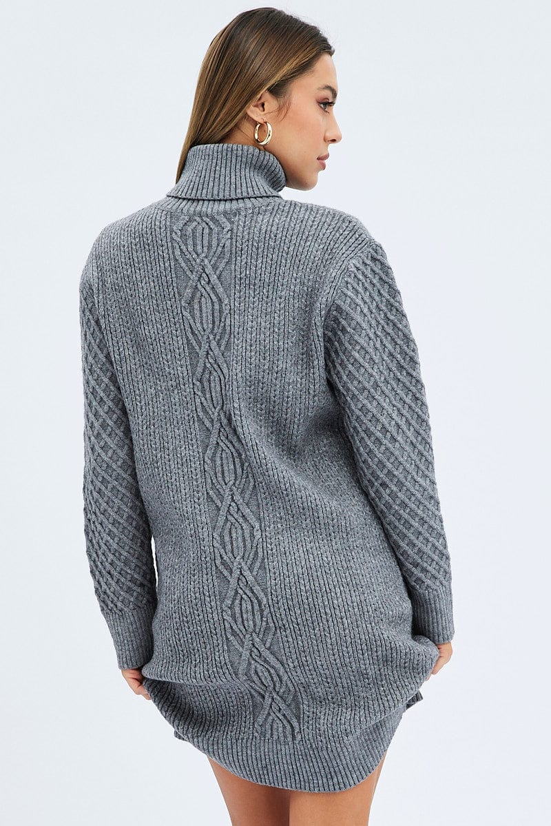Grey Knit Dress Long Sleeve Turtleneck Cable