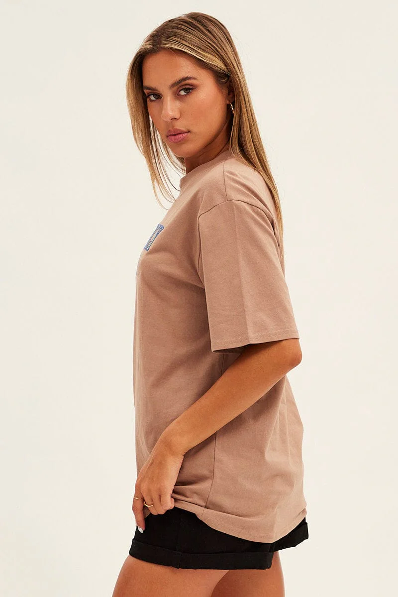 Brown Beverly Embroidered Short Sleeve T-Shirt Oversized