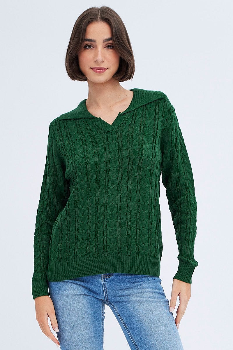 Green Knit Top Long Sleeve Collared Cable