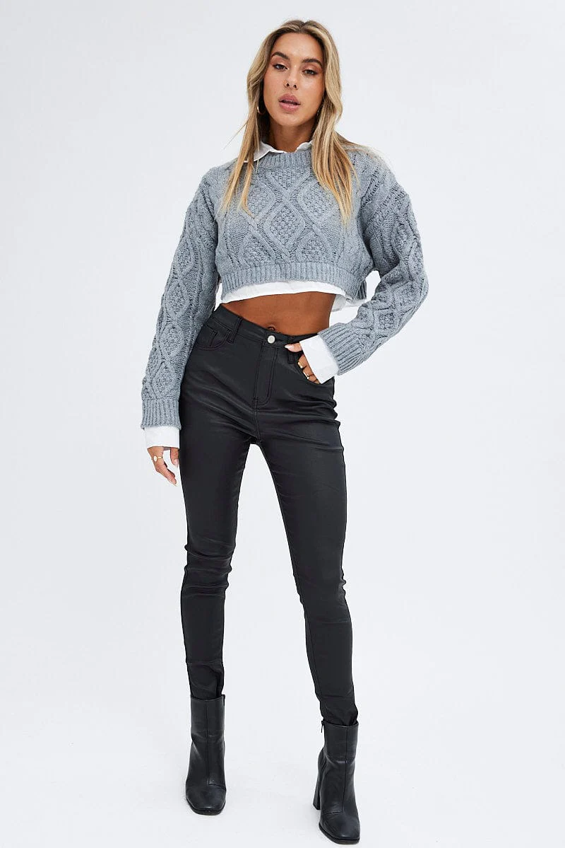 Black Wet Look Denim Jeans High Rise