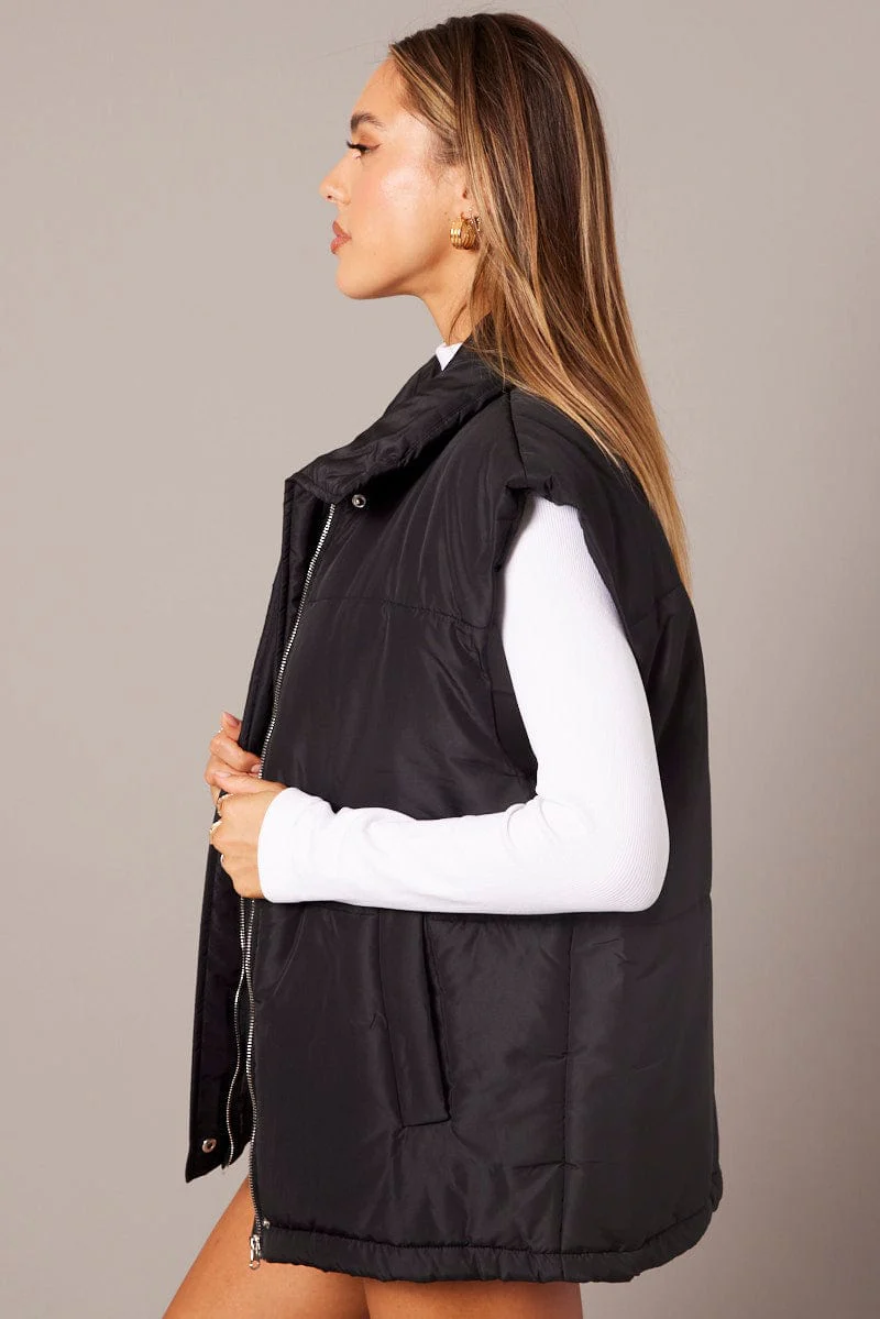 Black Puffer Sleeveless Zip Thru