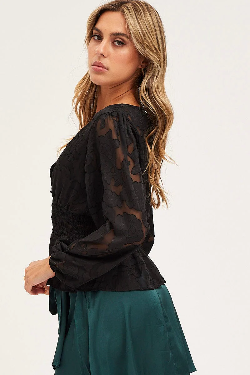 Black Peplum Top Long Sleeve V-Neck