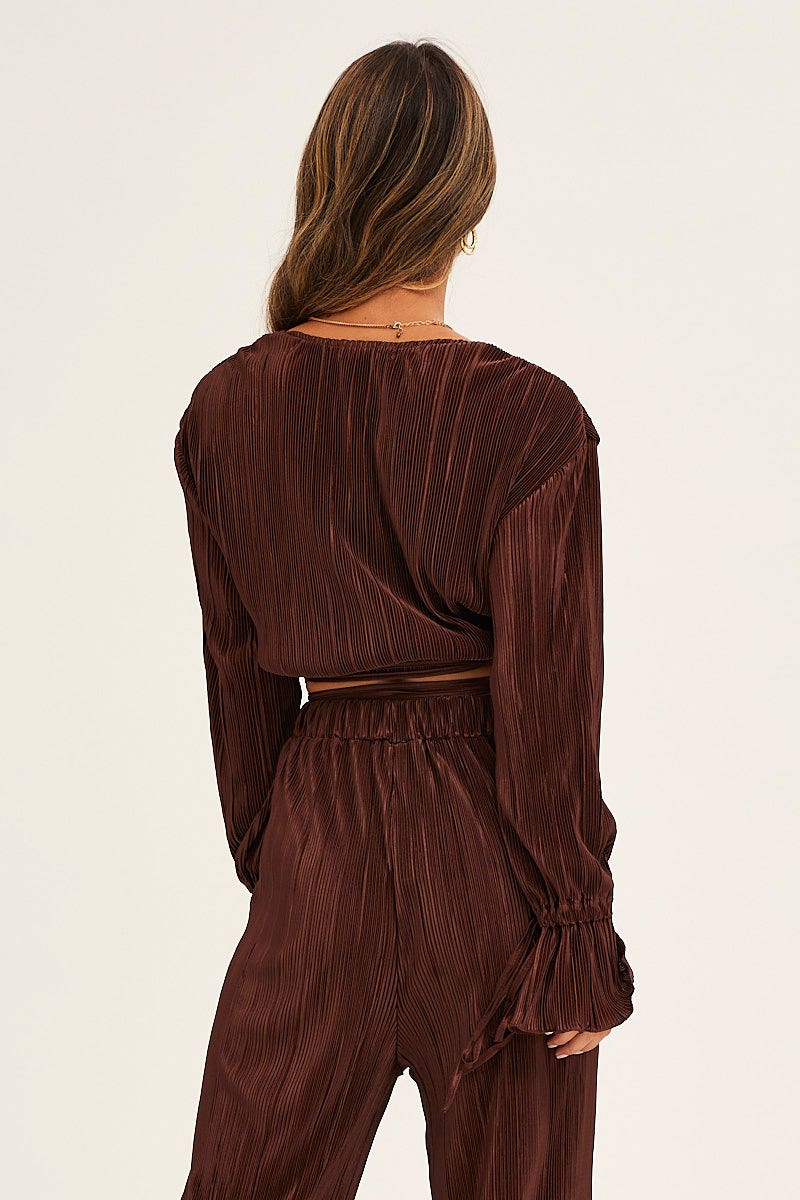 Brown Plisse Pants Wide Leg High Rise