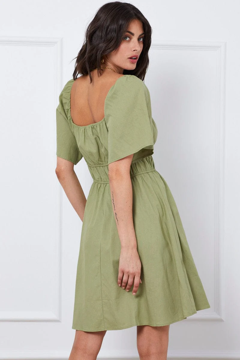 Green Mini Dress Short Sleeve Square Neck