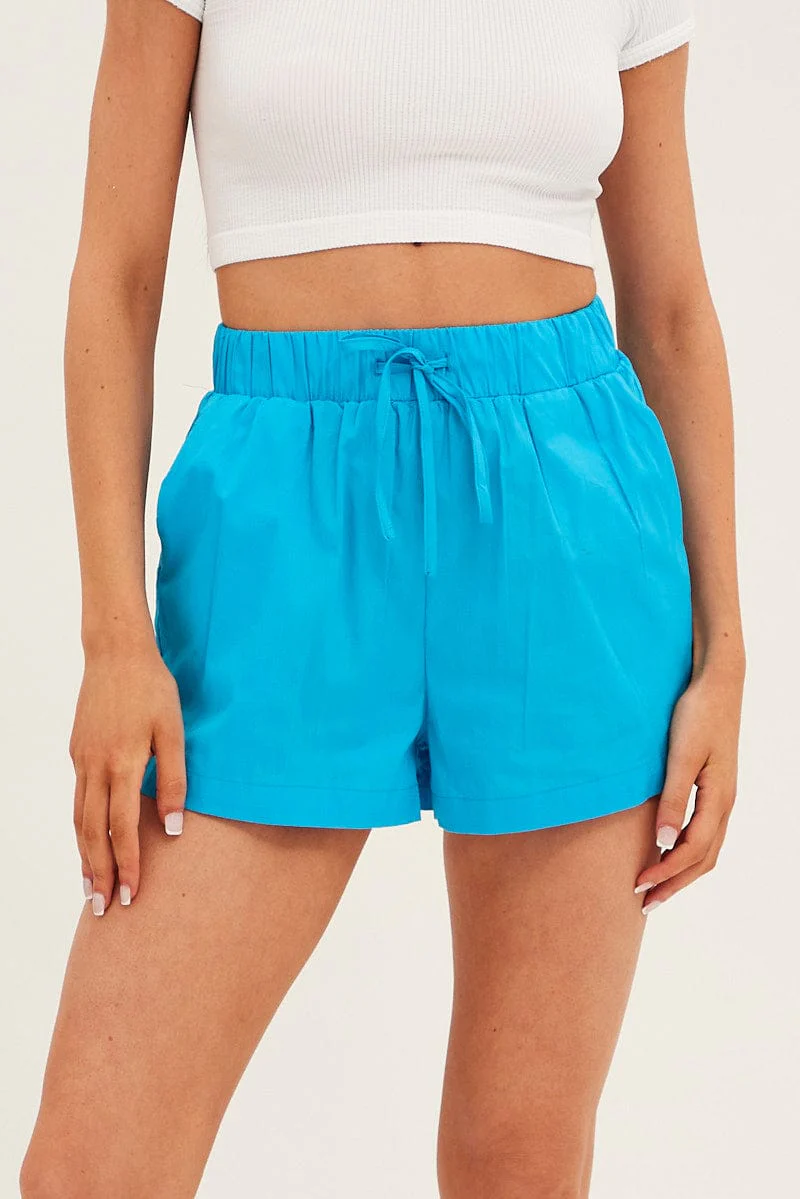 Blue Mini Shorts High Rise Elastic Waist