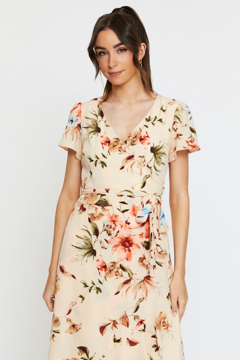 Print Midi Dress Short Sleeve V Neck