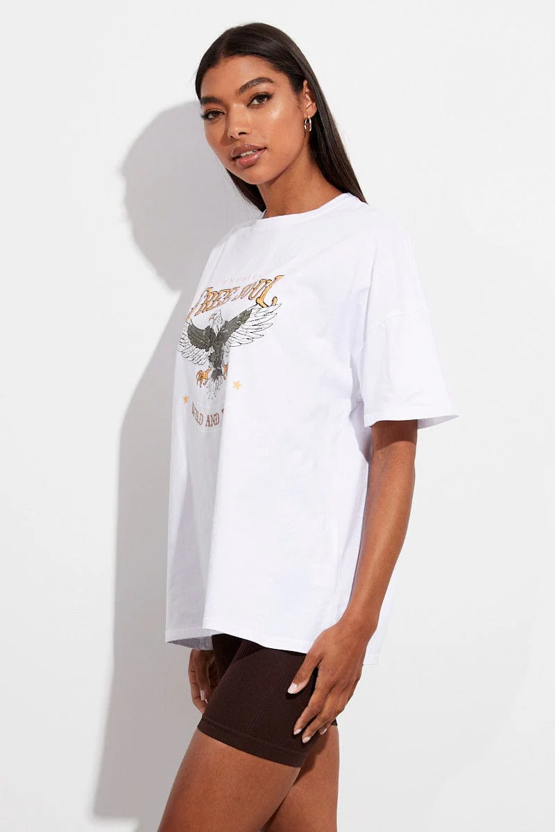 White T Shirt Crew Neck Short Sleeve Longline Eagle