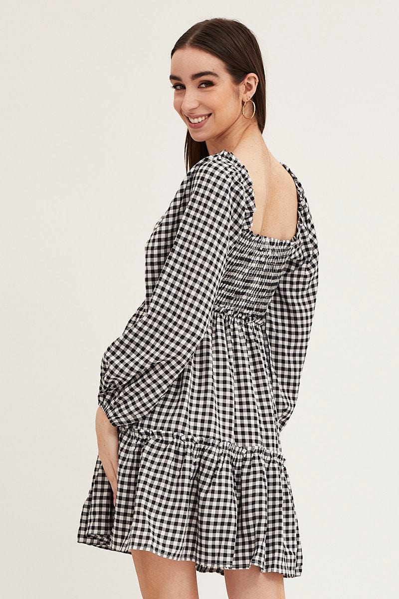 Check Shirred Skater Dress