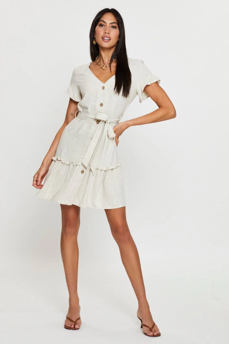Beige Mini Dress Short Sleeve V Neck