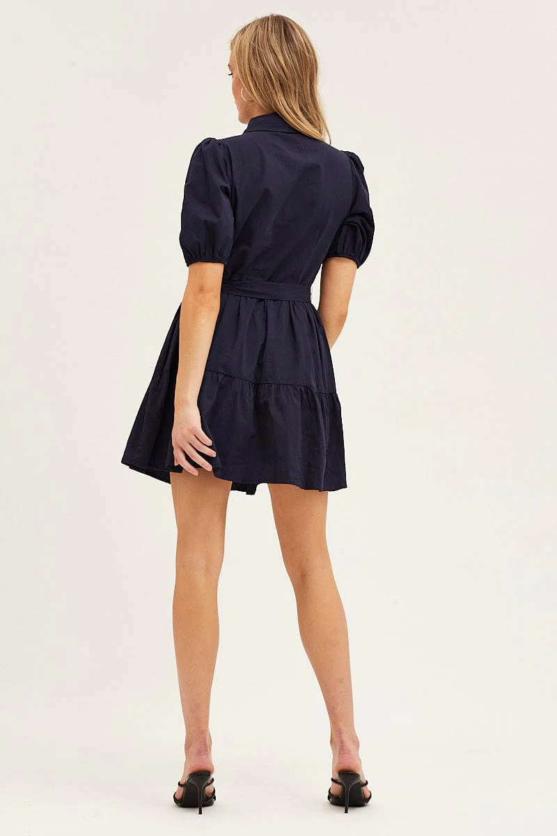 Blue Puff Sleeve Button Up Tie Waist Tiered Dress