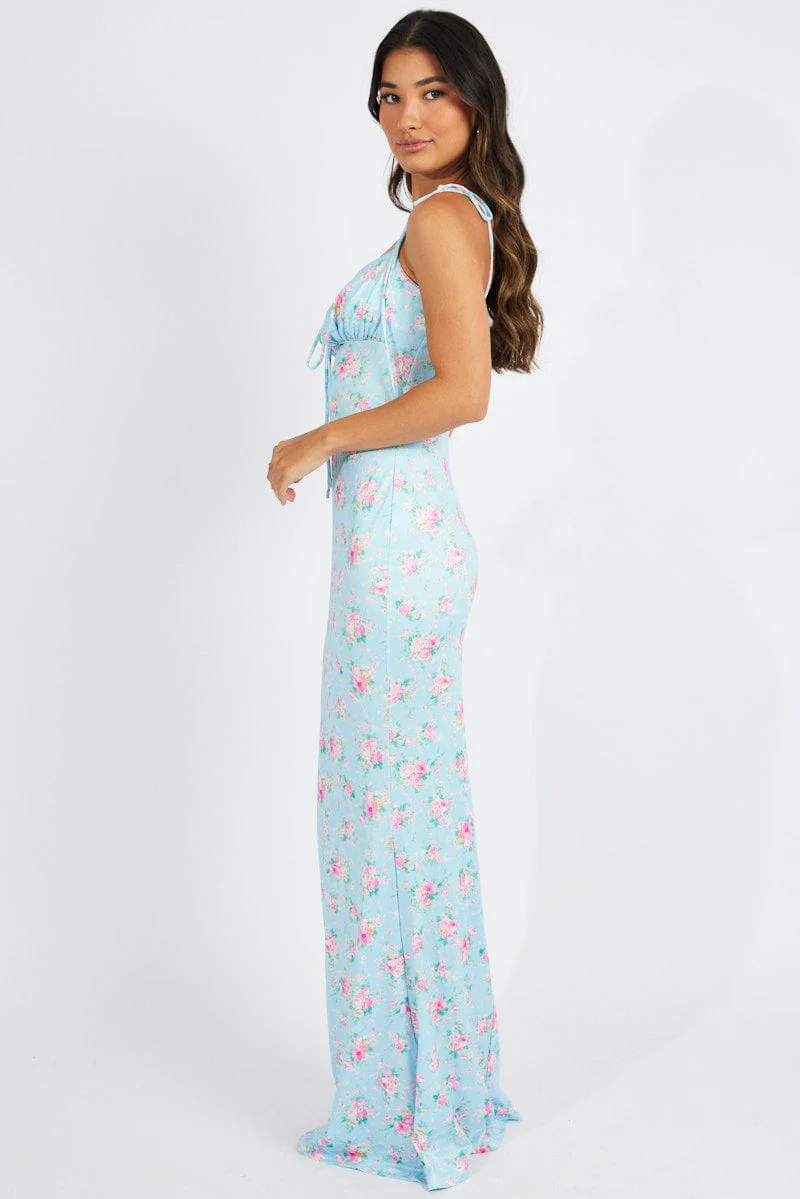 Blue Floral Ruched Bust Bodycon Maxi Dress