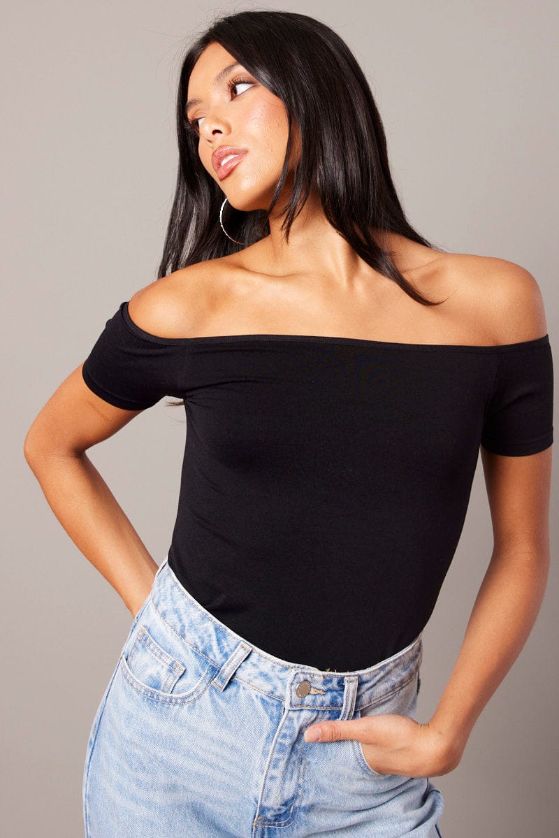 Black Off Shoulder Top Short Sleeve Seamless
