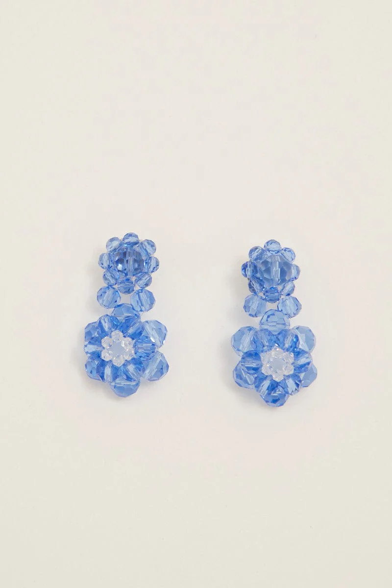 Blue Beaded Flower Earrings