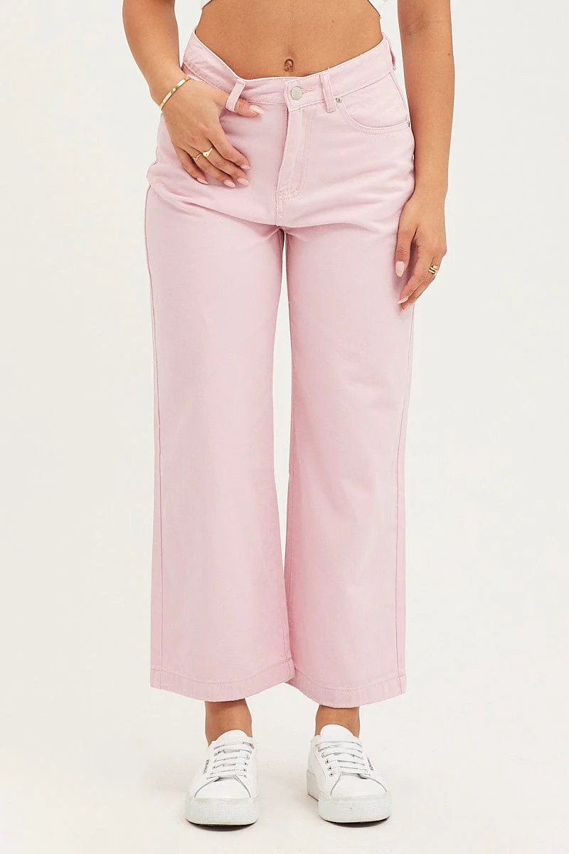 Pink Denim Jeans Wide Leg High Rise Cropped