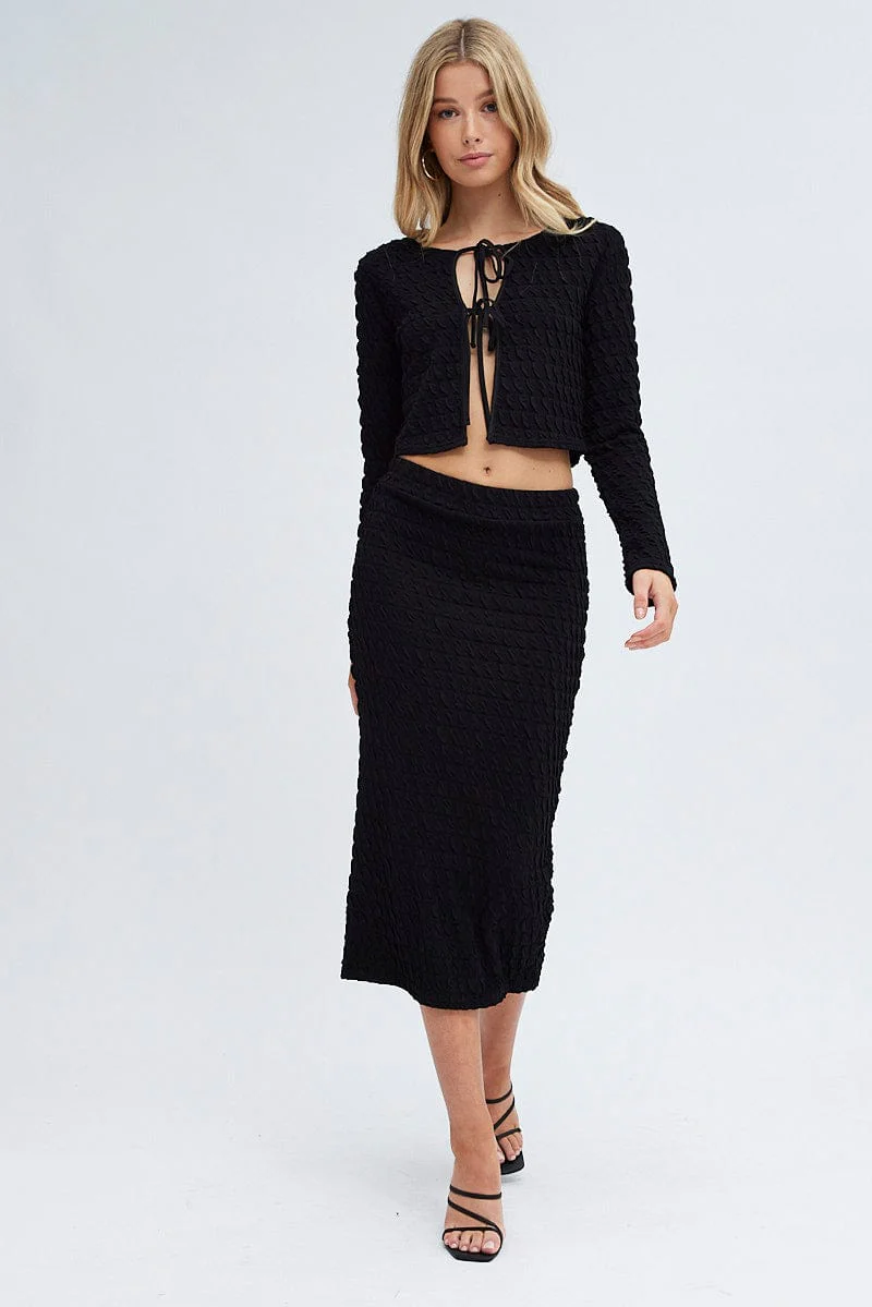 Black Top Crop Texture Long Sleeve Tie Front