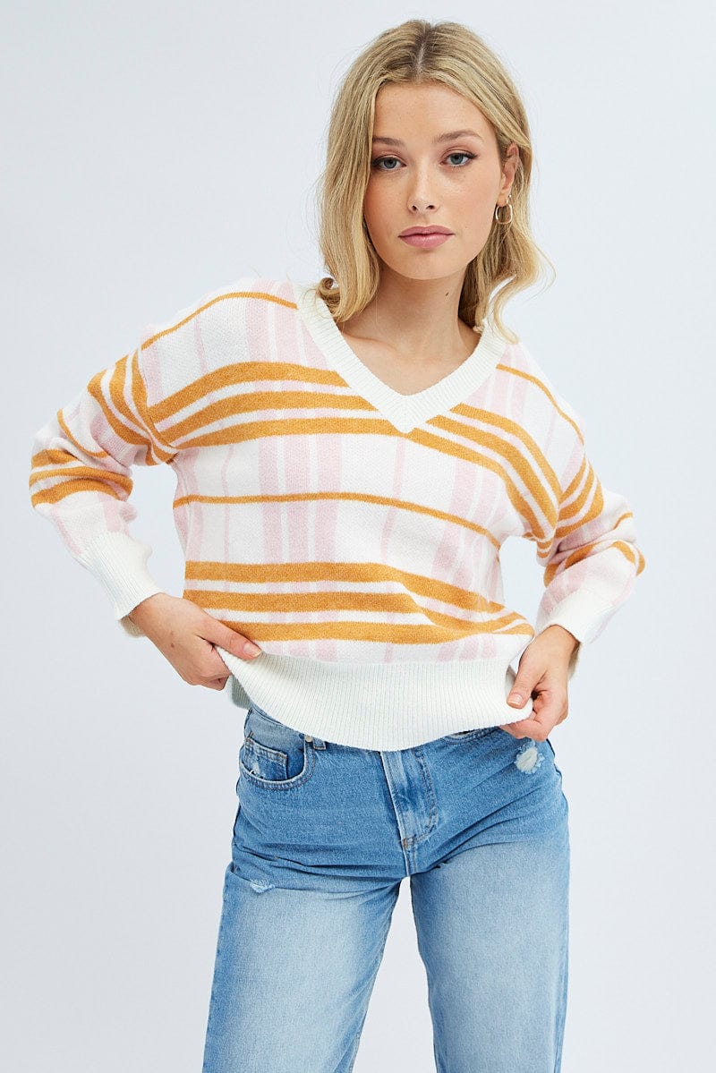 Check Knit Top Long Sleeve Round Neck