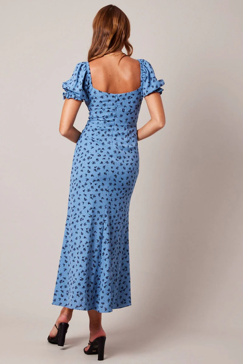 Blue Floral Midi Dress Puff Sleeve