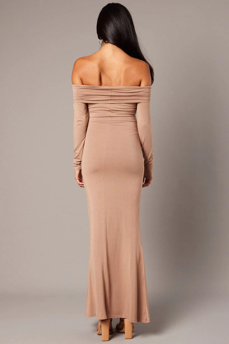 Brown Off Shoulder Dress Long Sleeve  Maxi