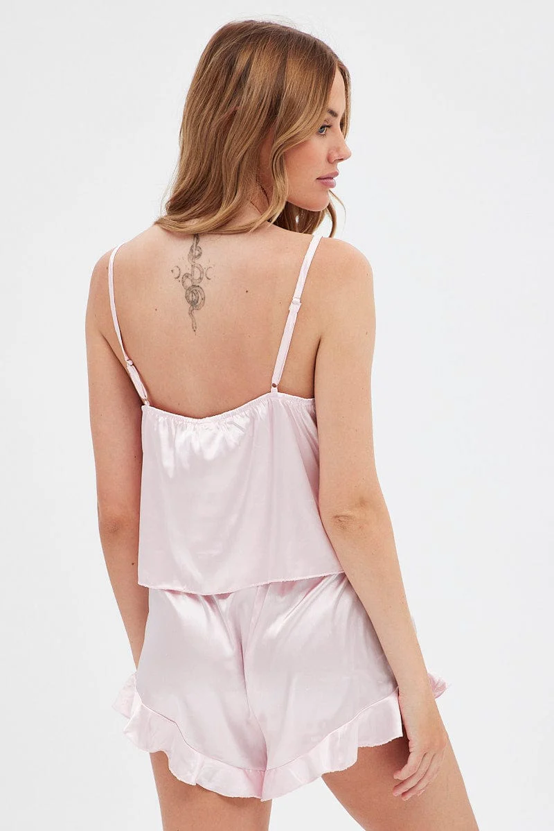 Pink Satin Cami And Ruffle Shorts Pyjama Set