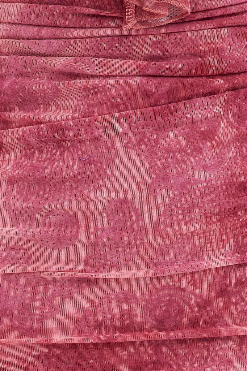 Pink Paisley Mesh Mini Dress V Ruffle Neck Burnt Out Paisley