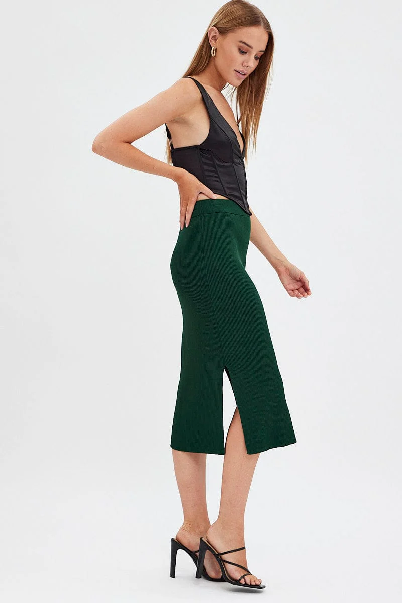 Green Knit Skirt High Rise Midi