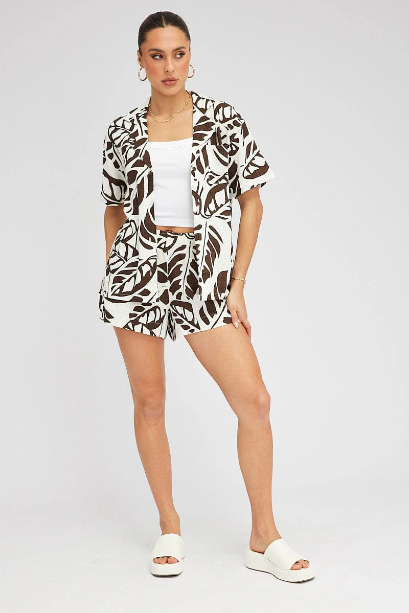 Brown Abstract Relaxed Shorts Mid Rise