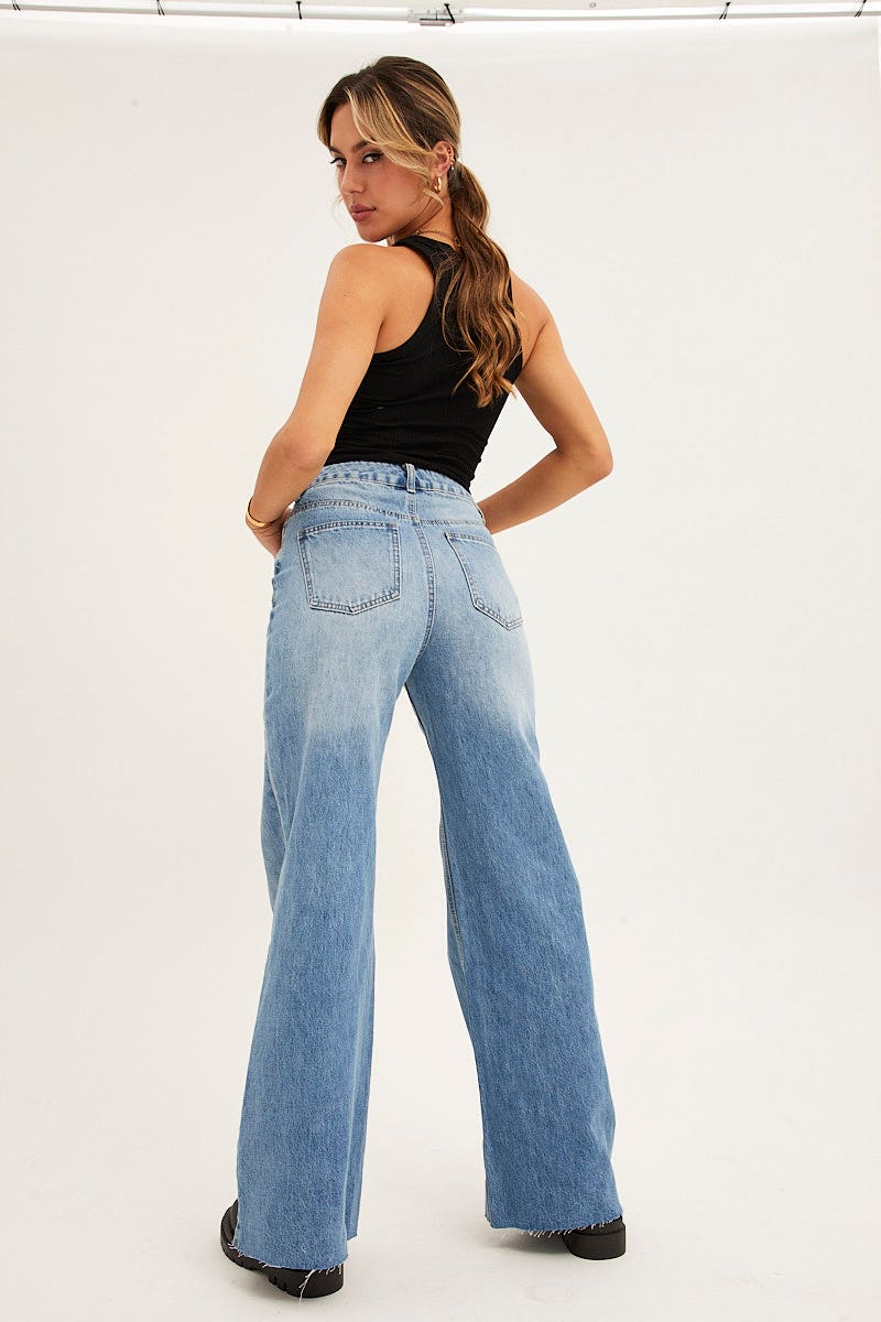 Blue Denim Wide Leg Jeans