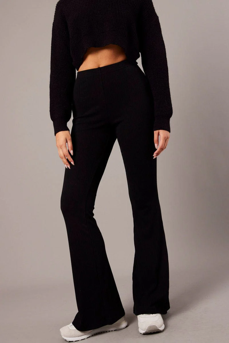 Black Flare Leg Pants Rib