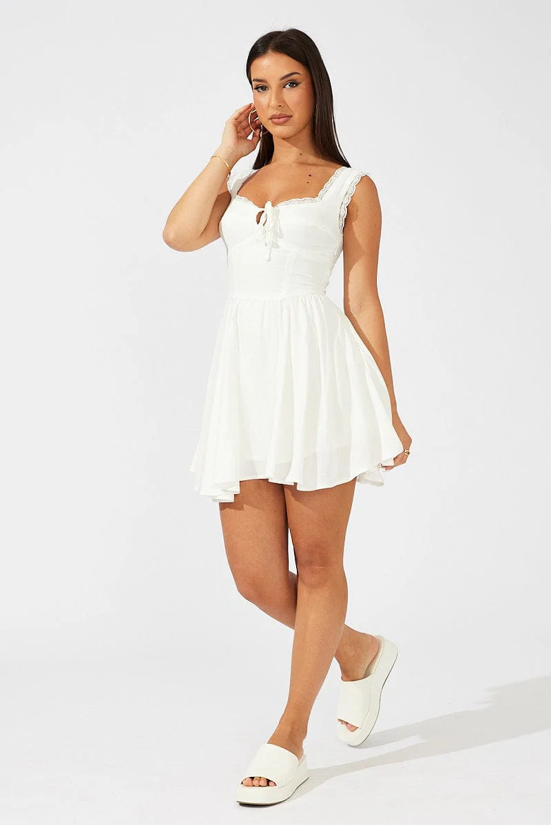 White Fit and Flare Dress Sleeveless Lace Trim