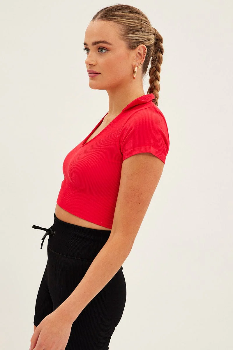 Red Collar Top Short Sleeve Seamless