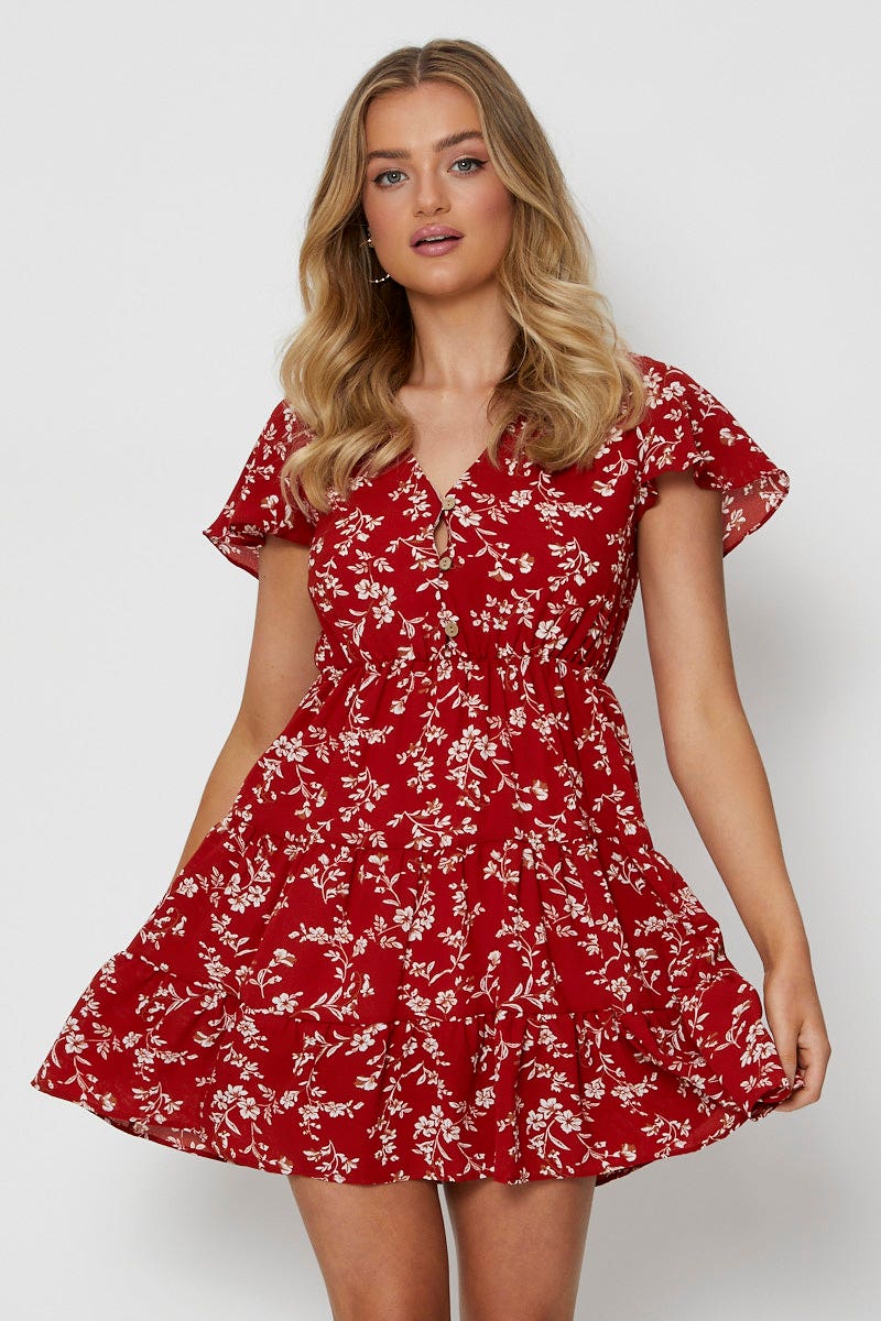 Print Mini Dress V Neck