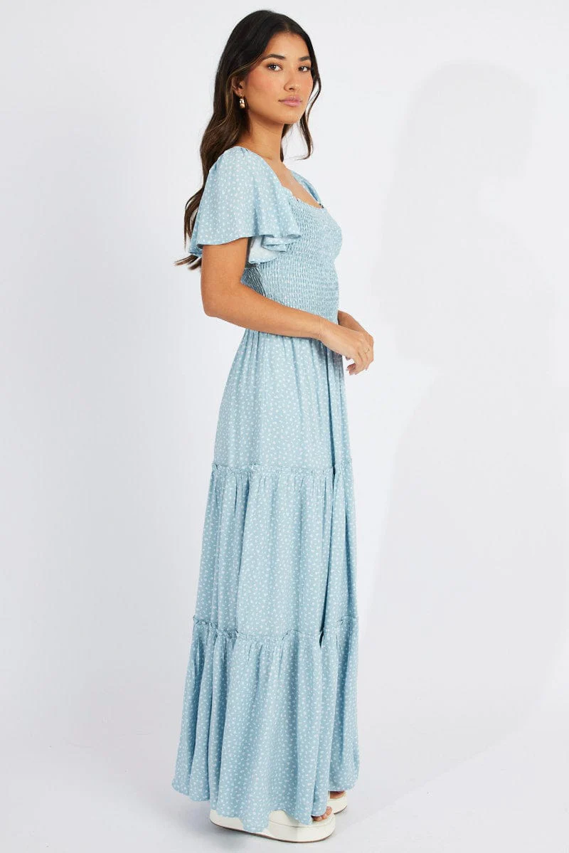Blue Ditsy Maxi Dress Short Sleeve Shirred