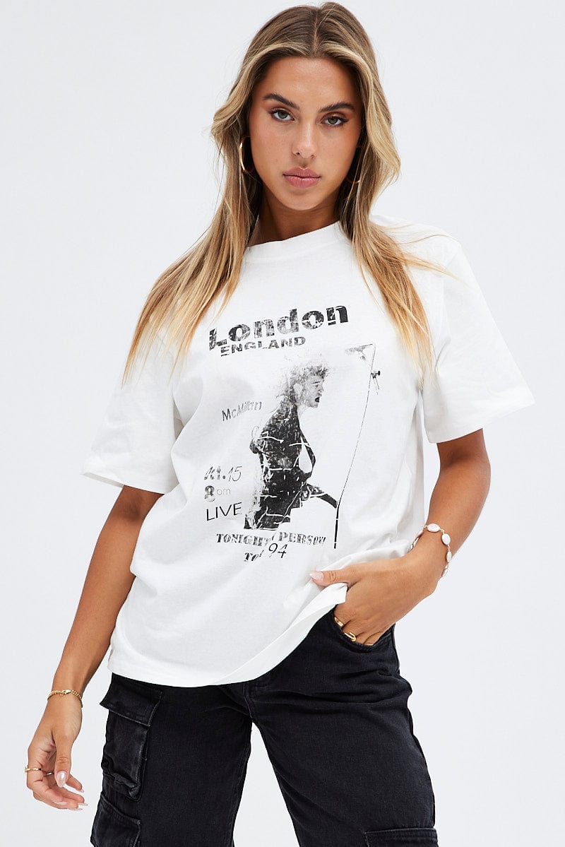 White Graphic Tee Short Sleeve Crew Neck Rock Oversized