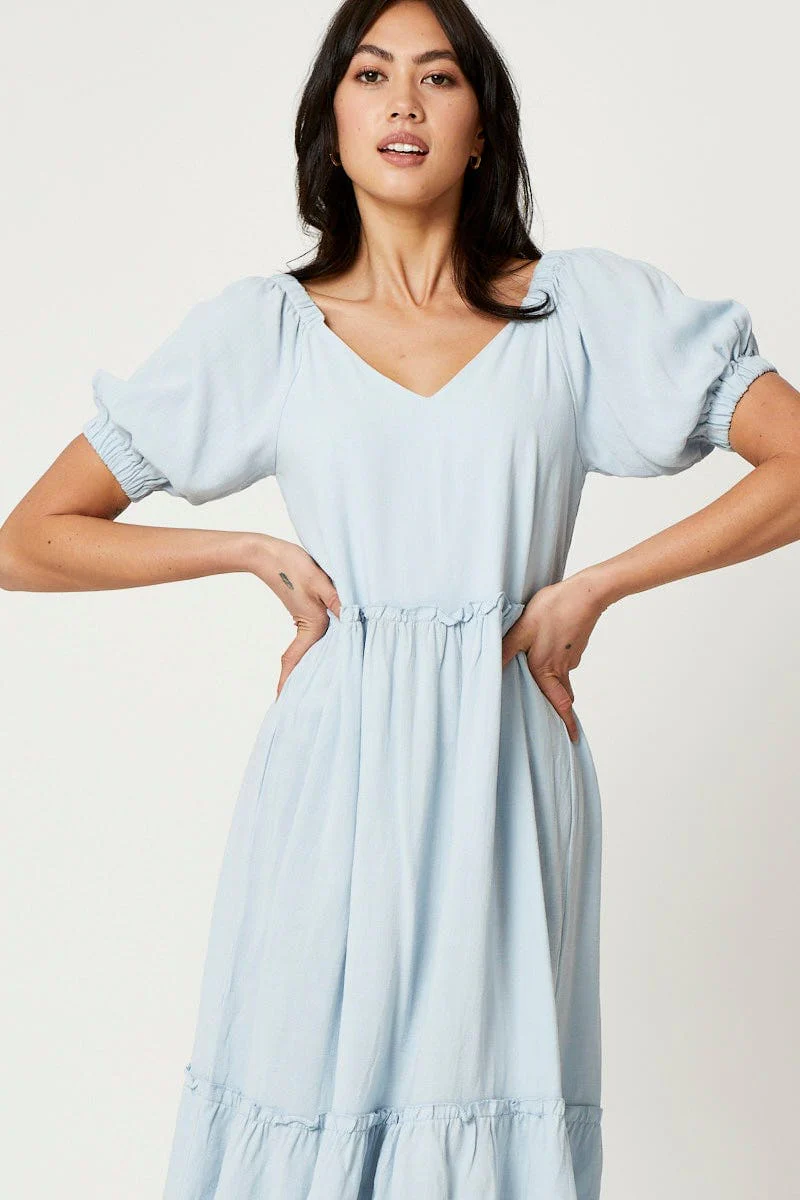 Blue Puff Sleeve Skater Dress
