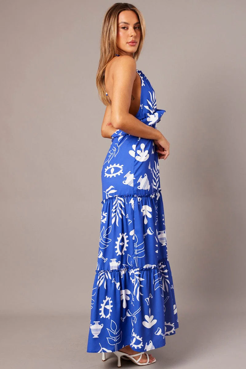 Blue Abstract Maxi Dress Halter Neck Tiered Ruffle Dress