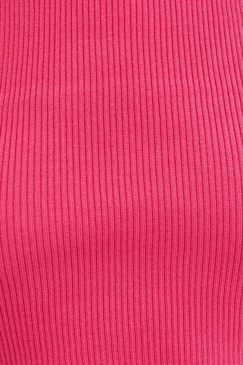 Pink Knit Top Crop Sleeveless Round Neck
