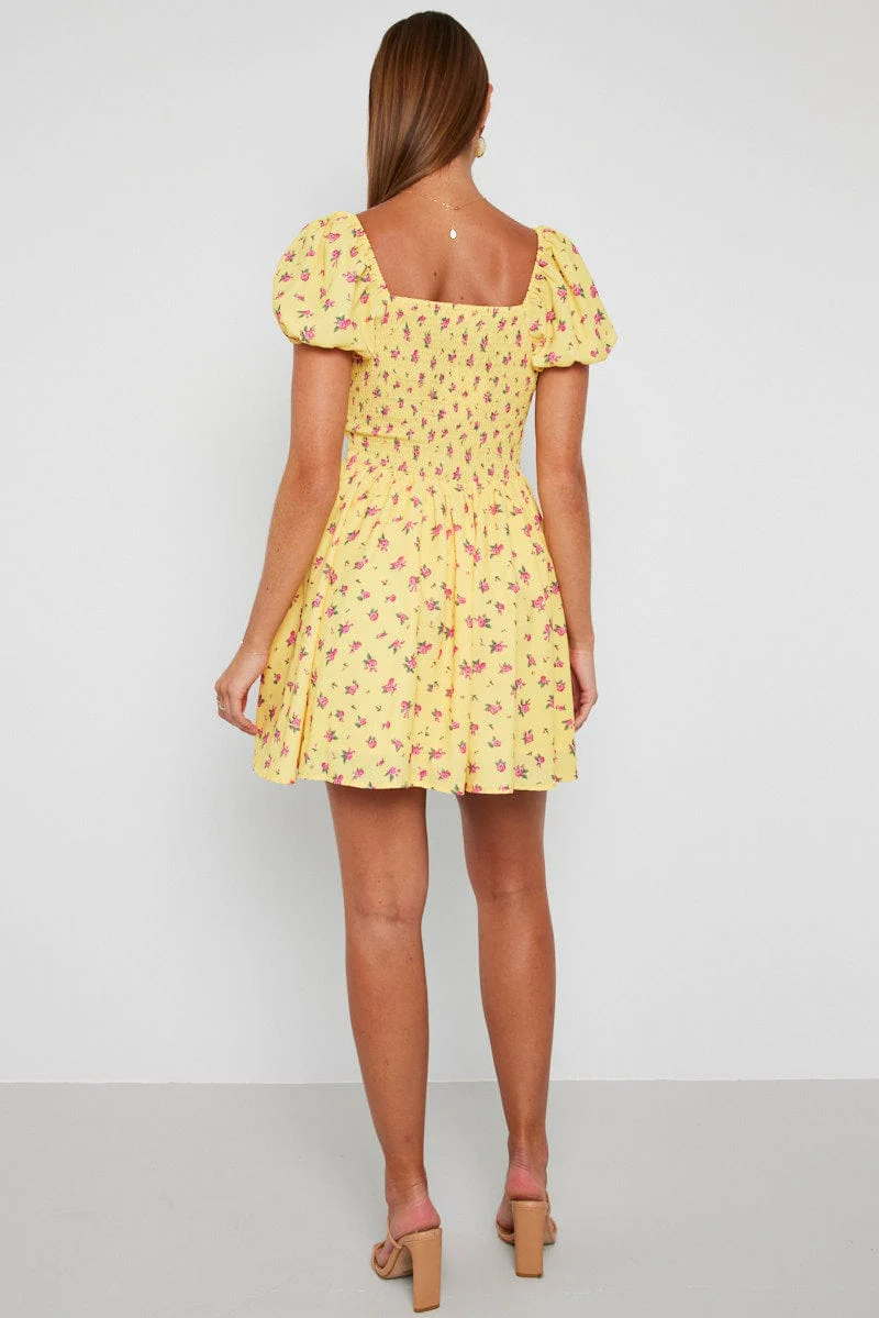 Yellow Floral Fit And Flare Dress Puff Sleeve Mini