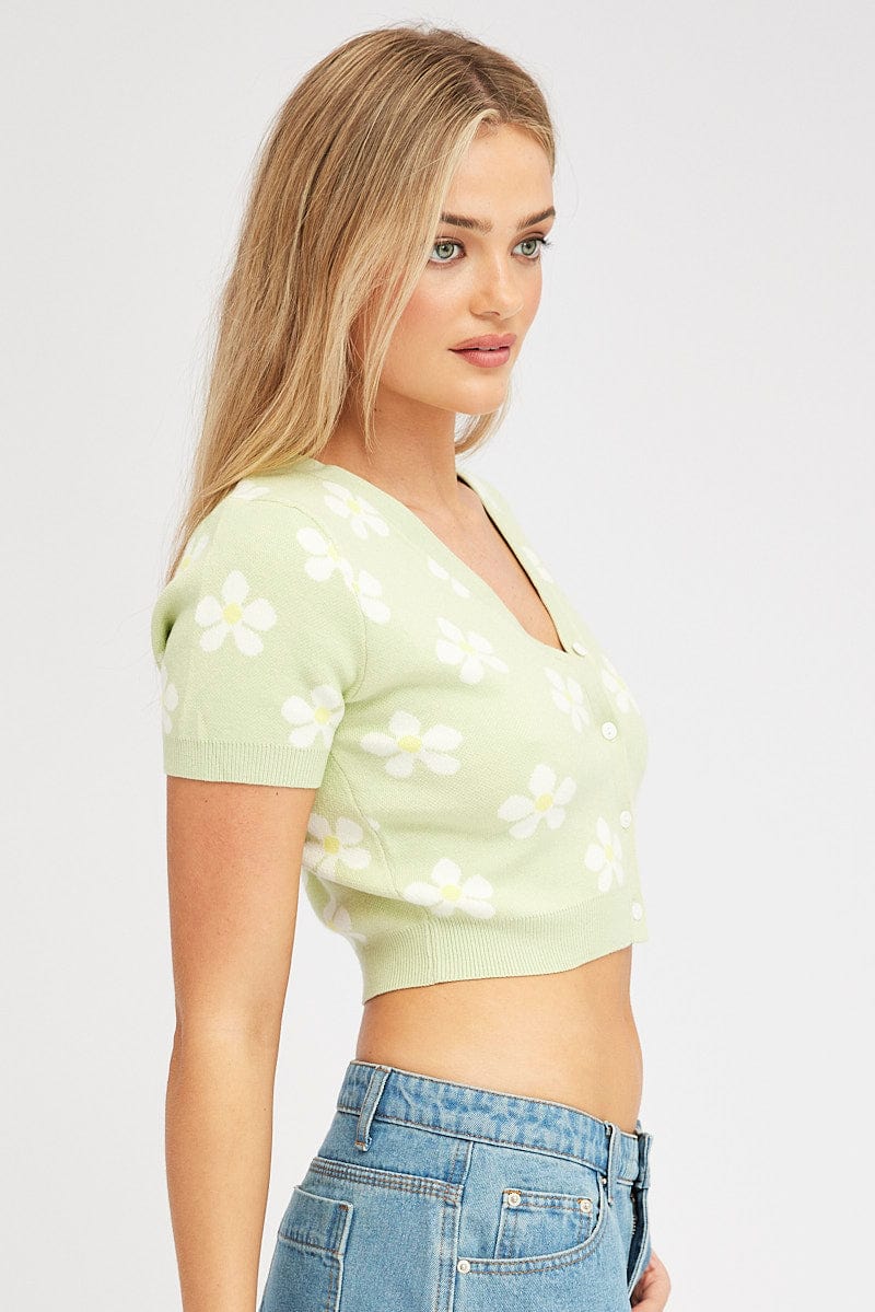 Green Floral Knit Cardigan Short sleeve