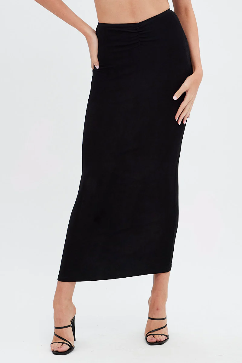 Black Ruched Midi Skirt