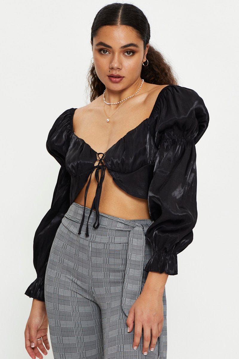 Black Satin Gathered Sleeve Top