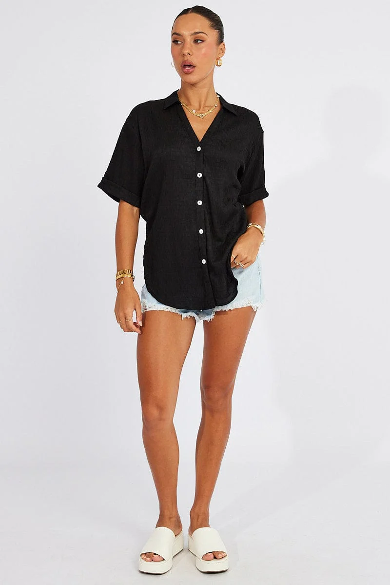 Black Textured Shirt Short Sleeve