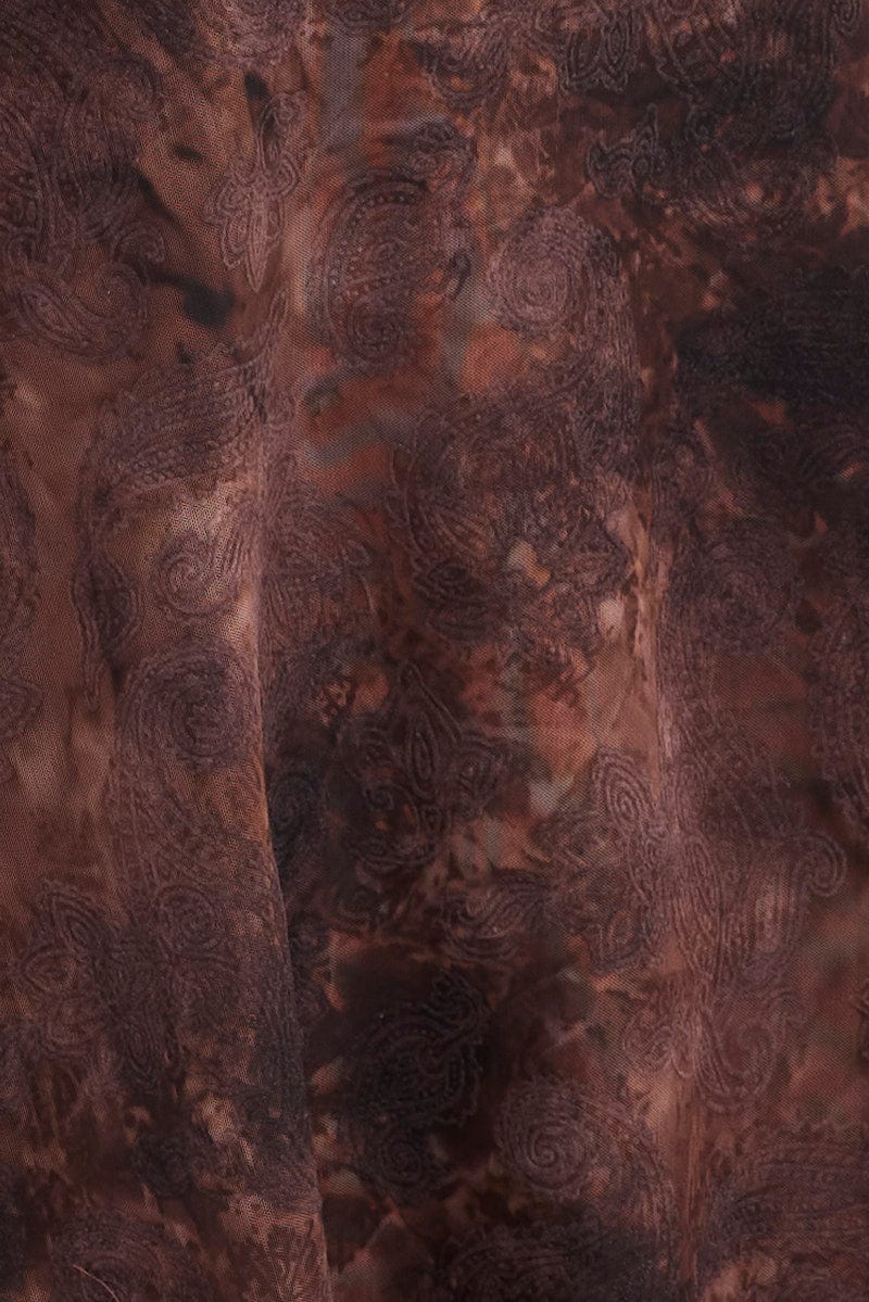 Red Paisley Tie Front Top Long Sleeve V Neck Mesh Flocked