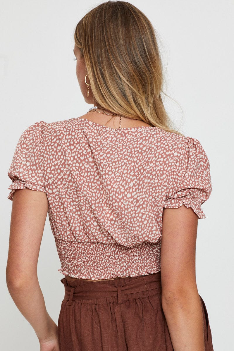 Geo Print Puff Sleeve Top Short Sleeve Crop