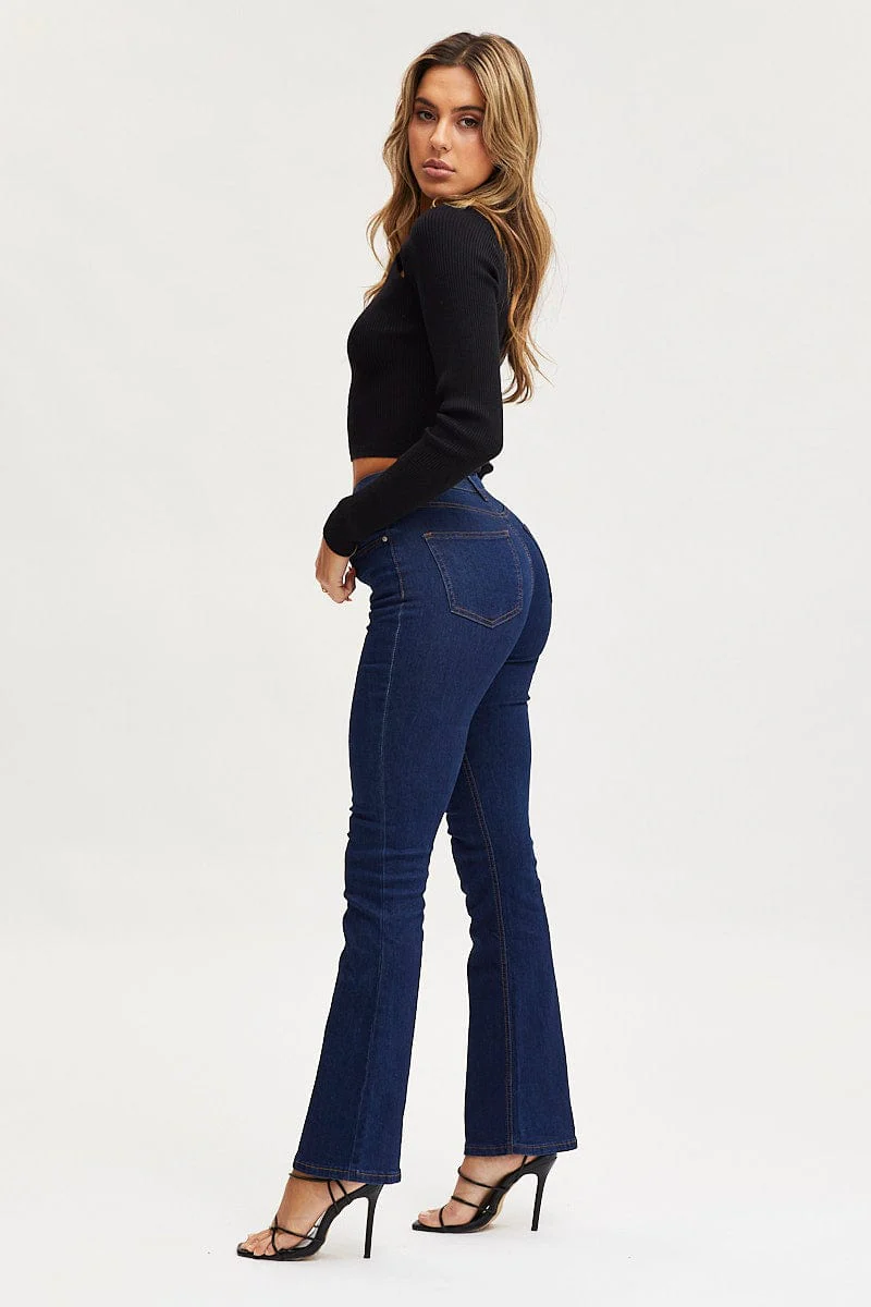 Blue Flare Denim Jeans High Rise