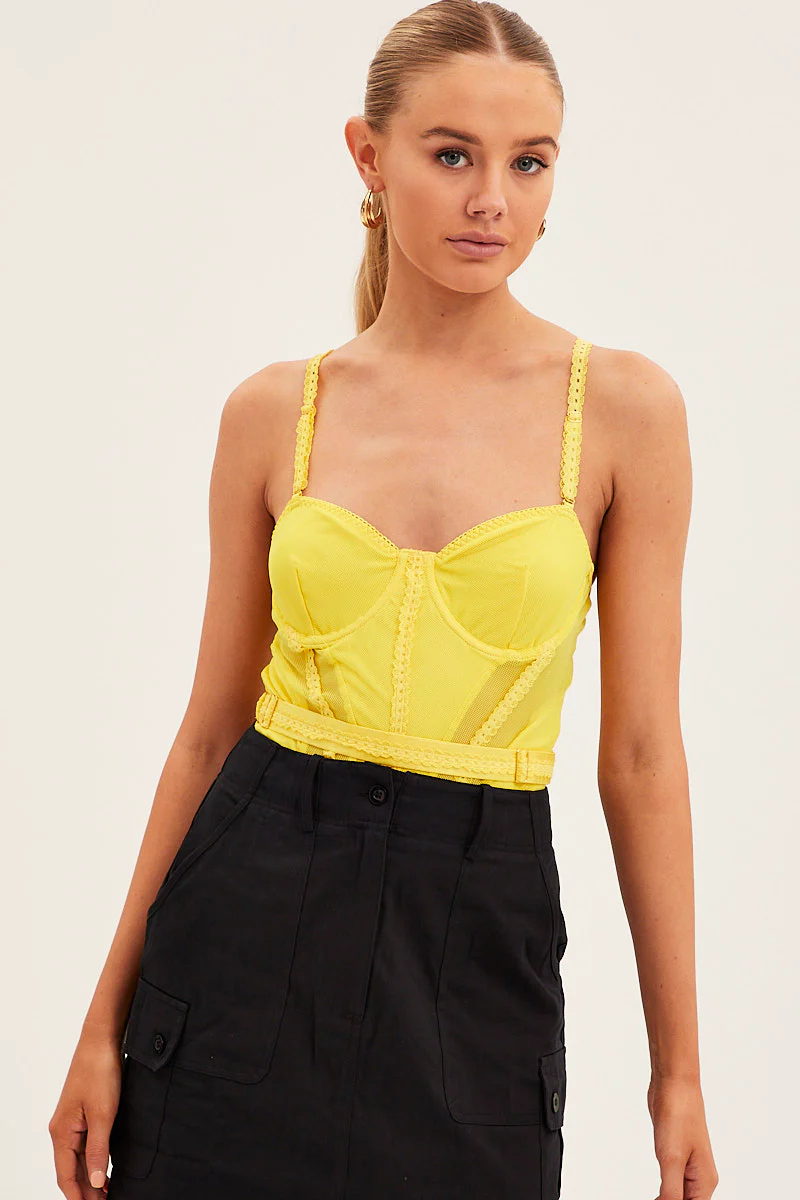 Yellow Belts Decor Mesh One Piece Bodysuit