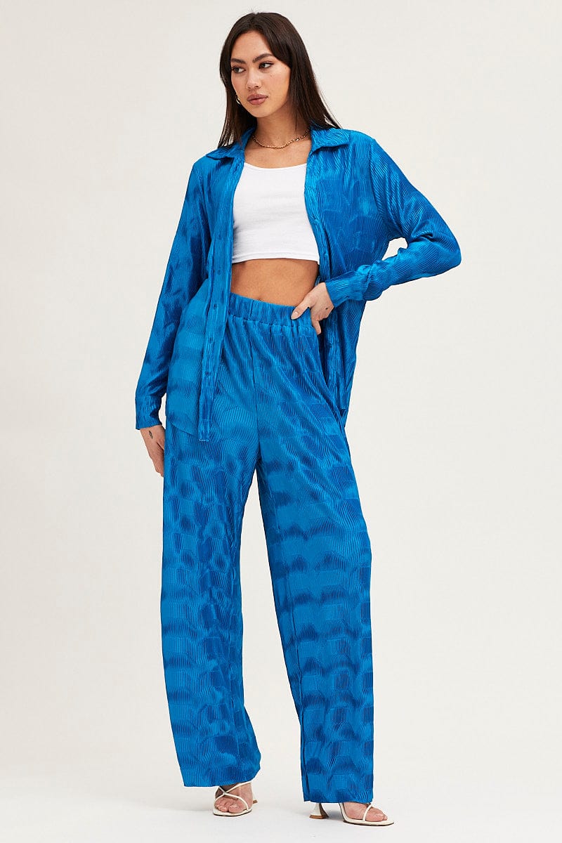 Blue Plisse Pants Wide Leg High Rise